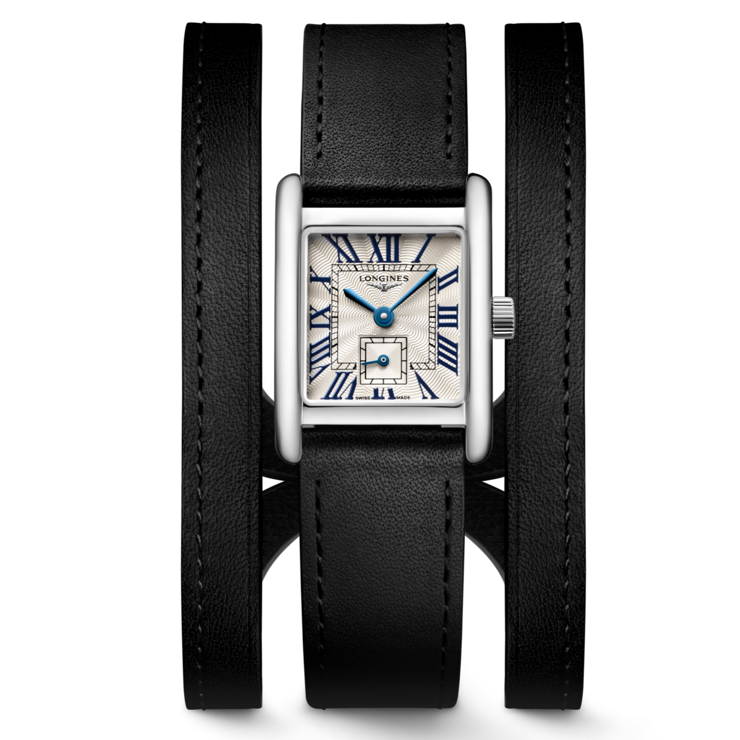 Front View of L52004710 Longines Mini DolceVita Black Nappa Double Tour Leather Strap