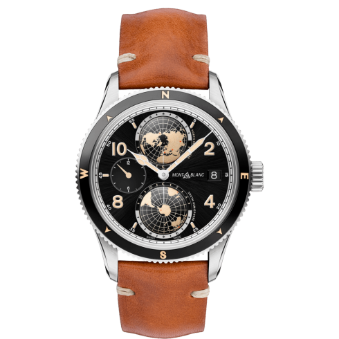 Montblanc 119286 1858 Geosphere 42mm World Timer Automatic Watch Brown Leather Strap Stainless Steel Deployant Buckle Carat & Co. Authorized Retailer