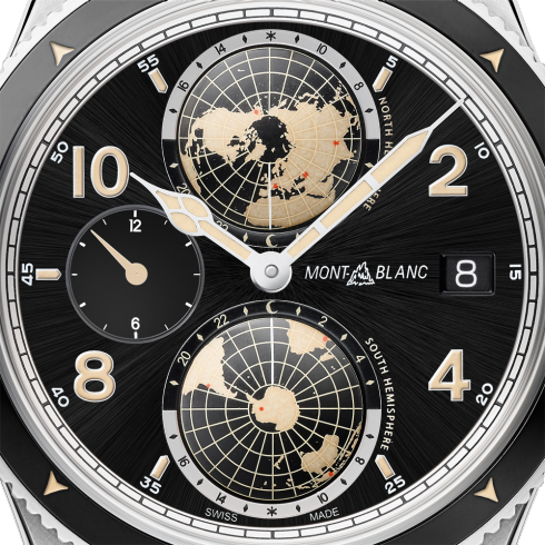 Montblanc 119286 1858 Geosphere 42mm World Timer Automatic Watch Brown Leather Strap Stainless Steel Deployant Buckle Enhanced Black Dial Carat & Co. Authorized Retailer