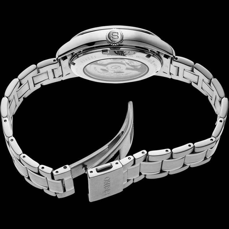 SPB091 Seiko Presage Blue enamel Power reserve bracelet caseback